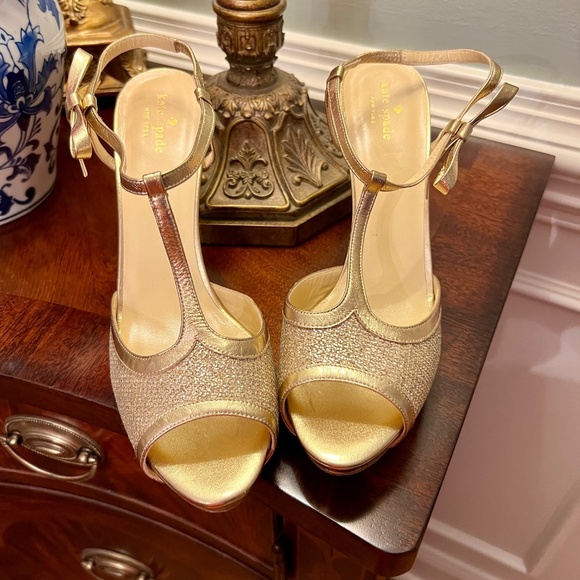 EUC Kate Spade Metallic Gold Glitter Open Toe Heels Pumps Sandals Size 11 M - Picture 5 of 7